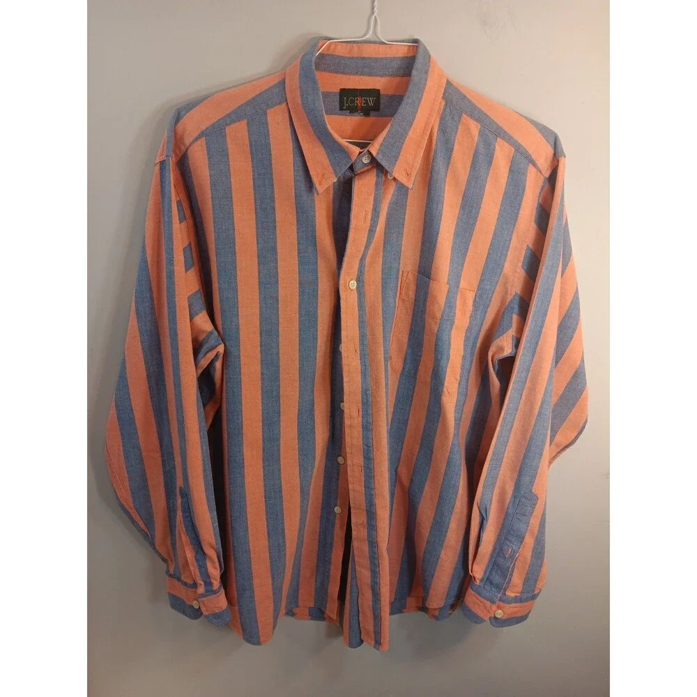 Vintage J.Crew Men's XL Long Sleeve Button Down Shirt Orange Blue Striped Casual